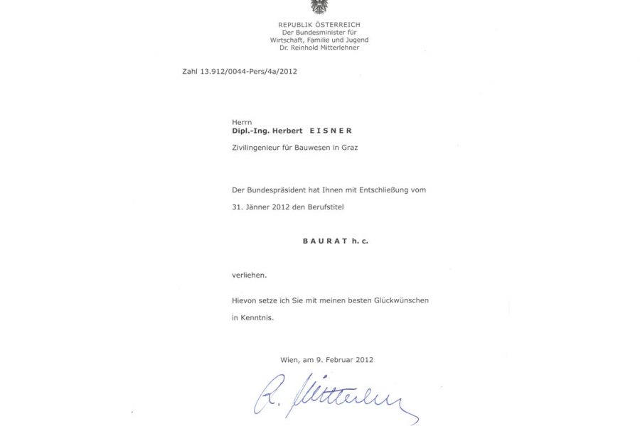 Abbildung des Berufstitel Baurat an Dipl.-Ing. Herbert Eisner