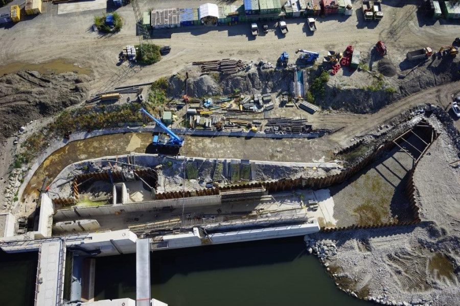 Luftaufnahme der Baustelle Murkraftwerk Graz